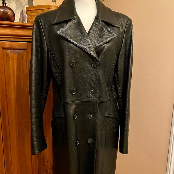 SOLD Express Double Breasted Black Leather Pea Trench Coat Vintage - Picture 3 of 10